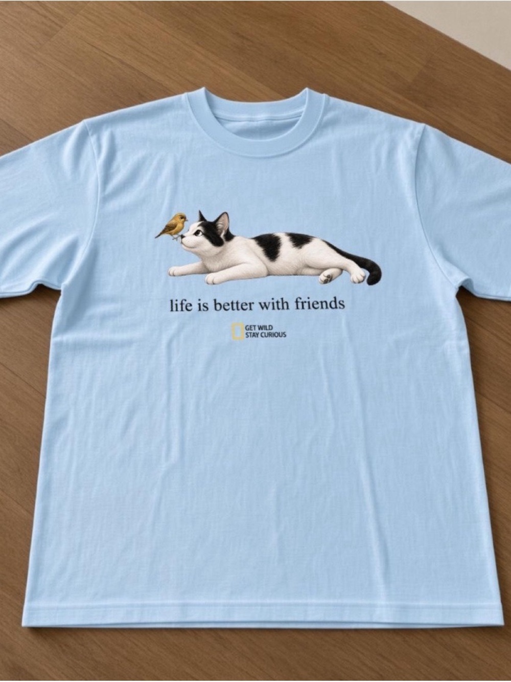Gildan Light Blue Tee with Cat and Bird Graphic